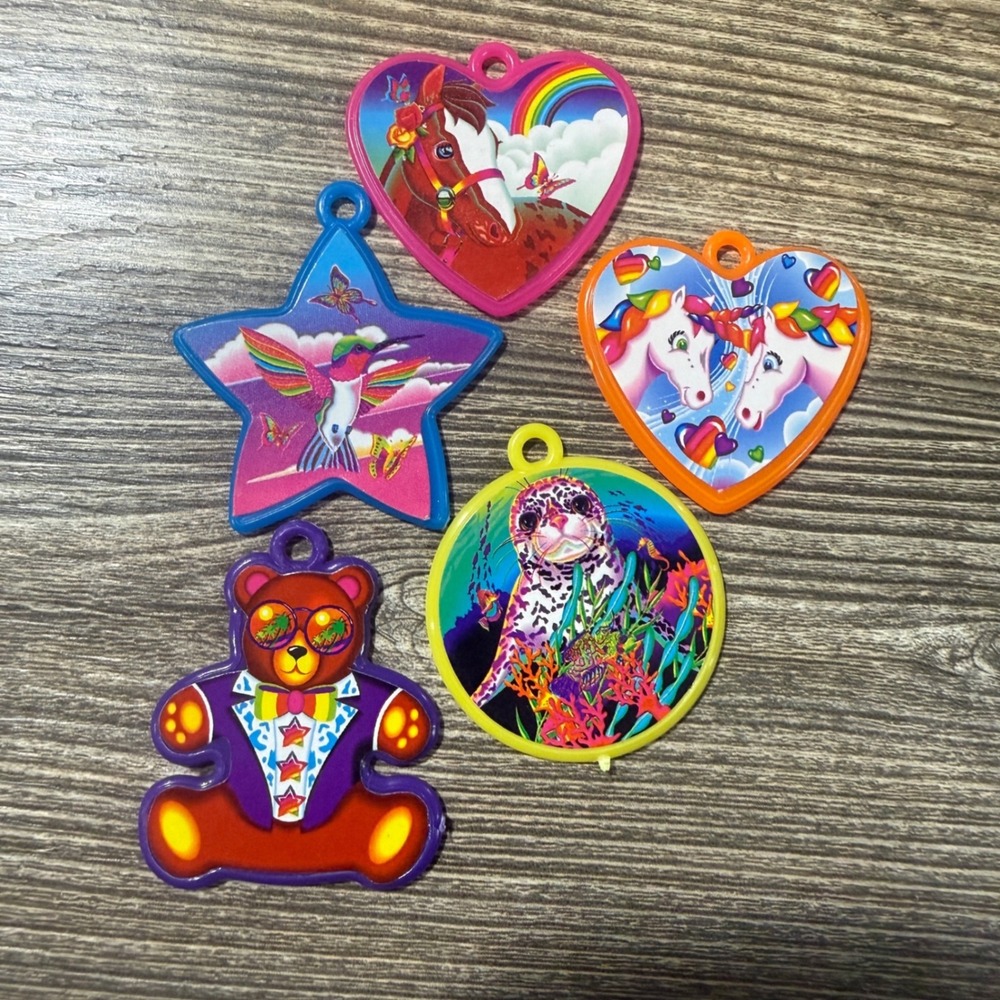 Vintage Lisa Frank Plastic Charms Lot 90s Unicorn Bear Seal Hummingbird 5pc